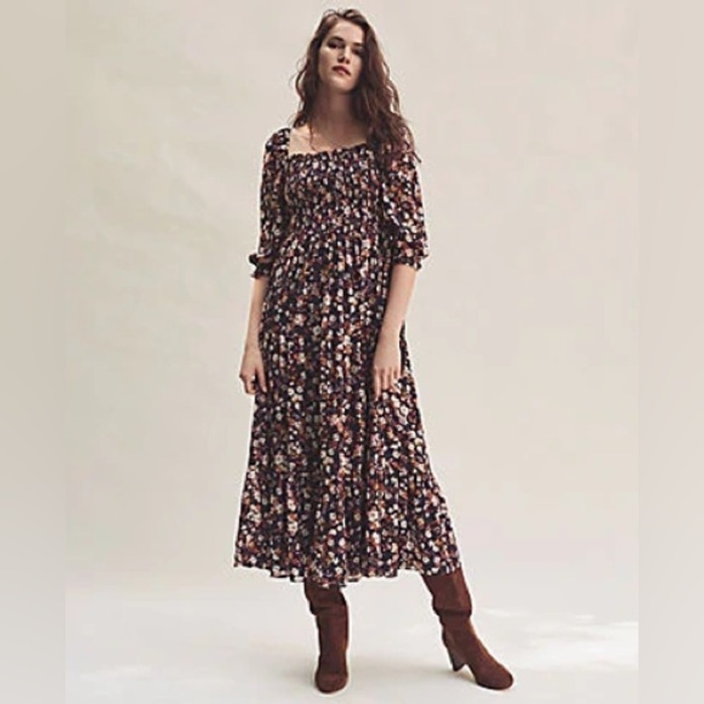 Ann Taylor Women's 4 PETITE Floral Smocked Maxi Dress Puff Sleeve Tiered Ruffle - Picture 16 of 16
